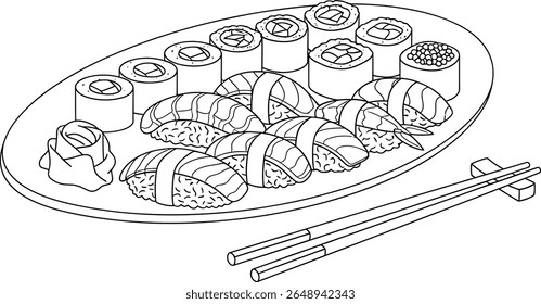 Japonês Sushi Platter Linha Arte Ilustração com pauzinhos