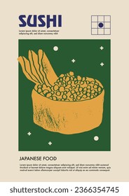 Japanese sushi. Price tag or poster design. Set of vector illustrations. Typography. Engraving style. Labels, cover, t-shirt print, painting.