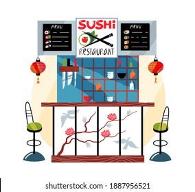 Japanisches Sushi-Restaurant, Gegenhintergrund. Traditionelle asiatische Küche, Vektorgrafik. Modernes Interieur-Design mit Theke, Hocker, Menü, Laternen, Plakat, Messer und Besteck.