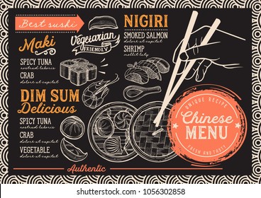 Japanese sushi restaurant menu. Vector chinese dim sum food flyer. Design template with vintage hand-drawn illustrations.