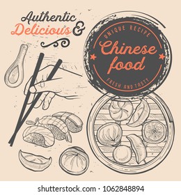 Japanese sushi restaurant menu. Vector chinese dim sum food flyer. Design template with vintage hand-drawn illustrations.
