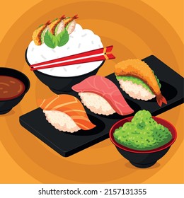 japanese sushi and rice with wasabi