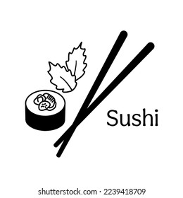 Japanese sushi roll and chopsticks. Vector doodle outline illustration isolated on white background