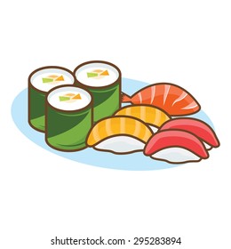Japanese Sushi Roll, Fish, Shrimp, Icon Vector Illustration on White Background