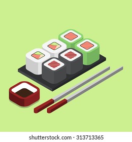 Japanese Sushi Roll Illustration in Isometric Projection