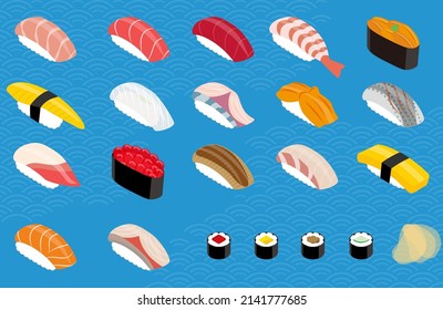 Japanese sushi and roll. Qinghai wave background