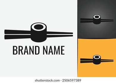 Japanese Sushi Roll Seafood logo. Japan Cuisine roll logotype. Asian sushi logo roll food in chopsticks.