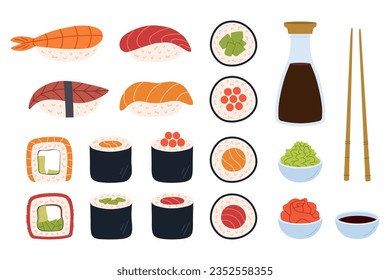Japanese sushi roll set. Big collection of asian food. Hand-drawn colored flat vector illustration for menu, restaurant, delivery, cafe.
