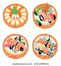 Japanese sushi roll set with fish salmon cheese and nori on white background vector 3d realistic graphic for restaurant - Shutterstock ID 2311499441