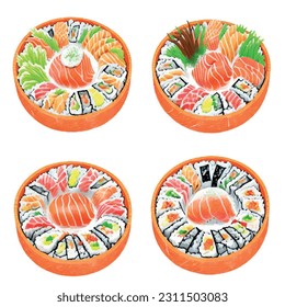 Japanese sushi roll set with fish salmon cheese and nori on white background vector 3d realistic graphic for restaurant - Shutterstock ID 2311503083