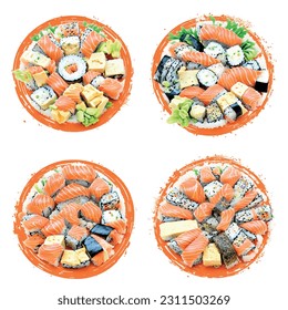 Japanese sushi roll set with fish salmon cheese and nori on white background vector 3d realistic graphic for restaurant - Shutterstock ID 2311503269