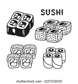Japanese sushi roll set in hand drawn doodle style. Asian food for restaurants menu
