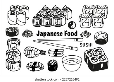 Japanese sushi roll set in hand drawn doodle style. Asian food for restaurants menu