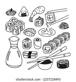 Japanese sushi roll set in hand drawn doodle style. Asian food for restaurants menu