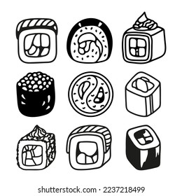 Japanese sushi roll set in hand drawn doodle style. Asian food for restaurants menu