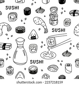 Japanese sushi roll set seamless pattern in hand drawn doodle style. Asian food for restaurants menu