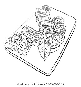 Japanese sushi and roll set, serving plate. Hand drawn Japanese food sketch Illustration