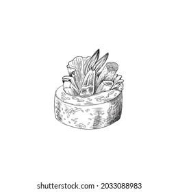 Japanese sushi roll with shrimp and vegetables, engraving black line vector illustration isolated on white background. Single piece of sushi in hand drawn style.