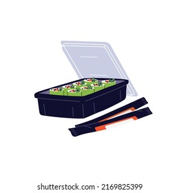 Japanese Sushi Rolls Box, Takeaway Container. Asian Delivery Food With Chopsticks. Delivered Japan Vegetarian Green Maki Set. Flat Vector Illustration Isolated On White Background