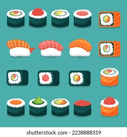 Japanese sushi and rolls icons. Vector illustration.