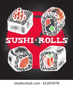 Japanese sushi rolls (maki). Vector Illustration on the blackboard. Menu or signboard template for restaurant of Japanese cuisine.