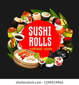 Japanese sushi and rolls, restaurant banner of japanese cuisine. Vector seafood, perch and salmon sashimi, eel unagi maki with chopsticks, soy and wasabi sauce. Shrimp tempura and teapot with cups