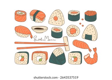Japanese sushi rolls. Seafood fish, sushi, rolls with salmon, tuna, shrimp and caviar. Traditional asian cuisine. Sushi set, chopsticks. Vector linear sketch illustration For menu, recipe, cafe