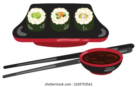 Japanese sushi rolls set and little bowl of dark soy souse and black wooden chopsticks. Hand drawn vector illustration. Suitable for culinary website, postcard, menu.