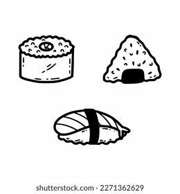 Japanese sushi and rolls. Vector doodle illustration. Sketch by hand. Icon on white background.