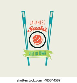 Japanese sushi rolls vector logo, label or badge design template with rolls and two chopsticks
