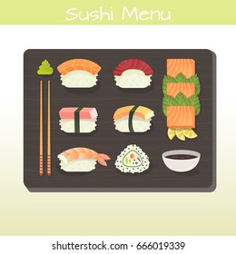 Japanese Sushi and Sashimi illustration. Included Nigiri Sushi varieties and Salmon Sashimi with Shiso leaves, soy sauce, wasabi and sticks. All objects are conveniently grouped and easily editable.