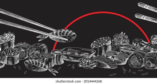 Japanese sushi, sashimi and rolls with chopsticks on black. Banner for restaurant menu with traditional asian food. Vector illustration in chalk board style.