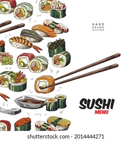 Japanese sushi, sashimi and rolls with chopsticks. Cover for restaurant menu with traditional asian food. Vector colorful hand drawn sketch illustration.