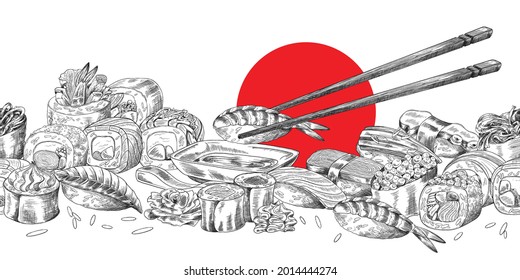 Japanese sushi, sashimi and rolls with chopsticks. Banner for restaurant menu with traditional asian food. Vector hand drawn sketch illustration.