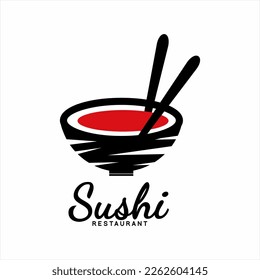 Japanese Sushi Seafood Logo Design. Oriental Japanese Cuisine Swoosh Bowl Chopsticks. Unique bowl abstract letter S concept.