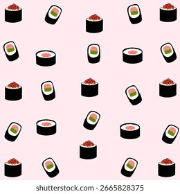 Patrón de mariscos de sushi japonés en estilo de dibujos animados planos