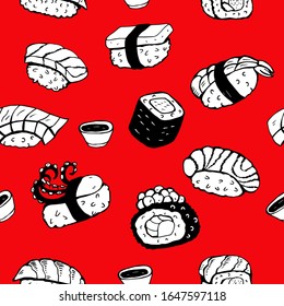 Japanese sushi. Seamless black and white pattern. On red background. Vector illustration hand drawn.