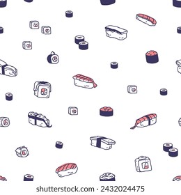 Japanese sushi, seamless pattern design. Japan food, endless background. Asian susi, roll, maki, nigiri, repeating print. Printable flat vector illustration for wrapping, package, textile, fabric