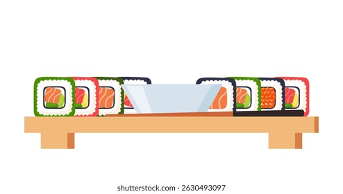 Sushi japonês serve em tábua de madeira, vista lateral. Nigiri e rolos, wasabi e gengibre em conserva, tigela de molho de soja. Menu do restaurante asiático.