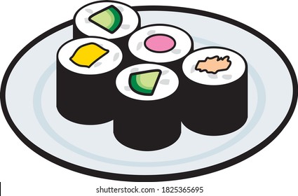 Japanese sushi served on a plate (thin roll sushi)