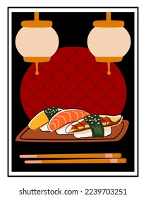 Japanese sushi set with authentic dark background and chopsticks. Eel, salmon and omelette nigiri rolls.
