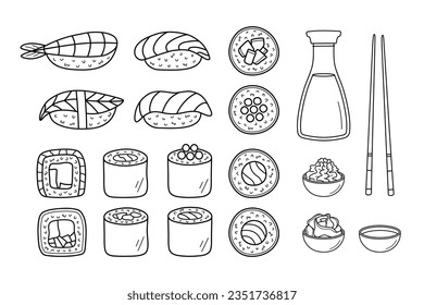 Japanese sushi set. Big collection of variety nigiri and sushi rolls, soy sauce, wasabi, pickled ginger and chopsticks. Hand drawn doodle style. Vector illustration isolated on white background.