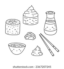 Japanese sushi set. Big collection of variety nigiri and sushi rolls, soy sauce, wasabi, pickled ginger and chopsticks. Hand drawn doodle style. Vector illustration isolated on white background.