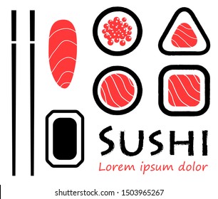 Japanese sushi set with chopsticks. Vector icon on white background.