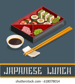 Japanese sushi set concept with salmon caviar cucumber ginger soy sauce wasabi and chopsticks isolated vector illustration