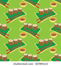 Japanese sushi set on a green background. Seamless pattern.