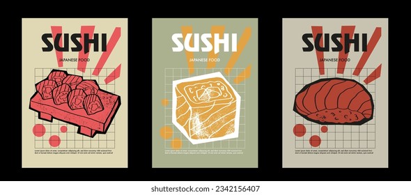 Japanese sushi set. Price tag or poster design. Set of vector illustrations. Typography. Engraving style. Labels, cover, t-shirt print, painting.