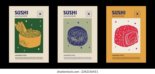 Japanese sushi set. Price tag or poster design. Set of vector illustrations. Typography. Engraving style. Labels, cover, t-shirt print, painting.