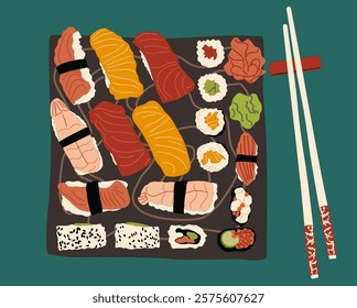 Japanese sushi set, serving plate top view with chopsticks. Japanese cuisine flat colorful vector illustration