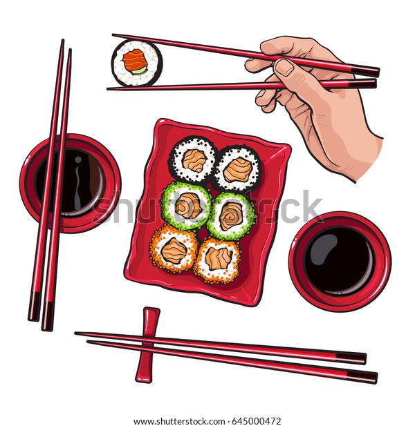 白い背景に日本の寿司セット お皿 箸を持つ手 スケッチベクターイラスト 寿司 箸付き手 しょうゆ丼 日本料理 のベクター画像素材 ロイヤリティフリー